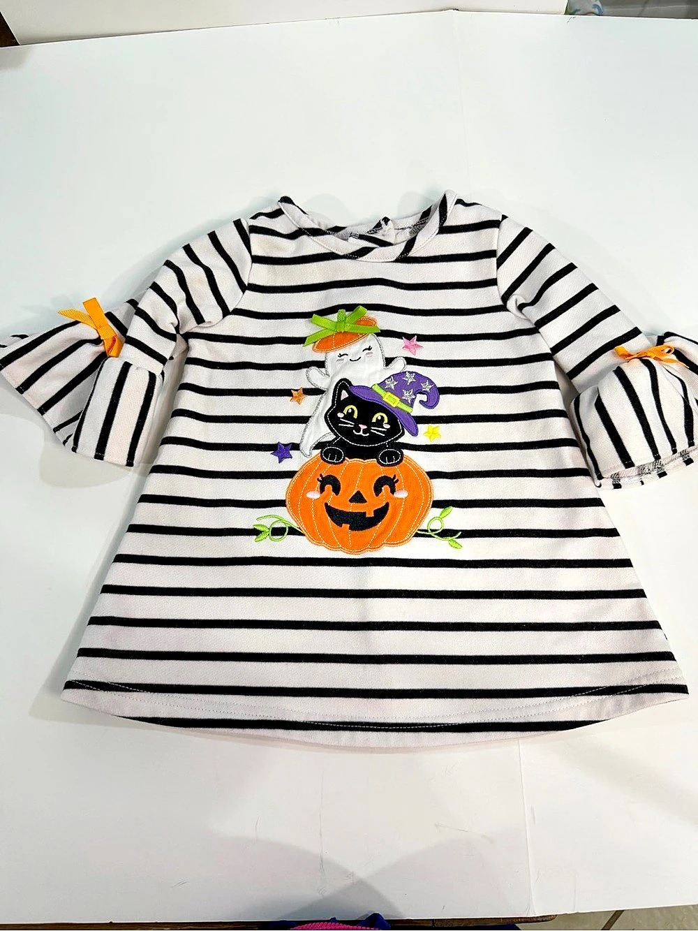 Good Lad Black and White Striped Halloween Applique Dress Black & White Striped